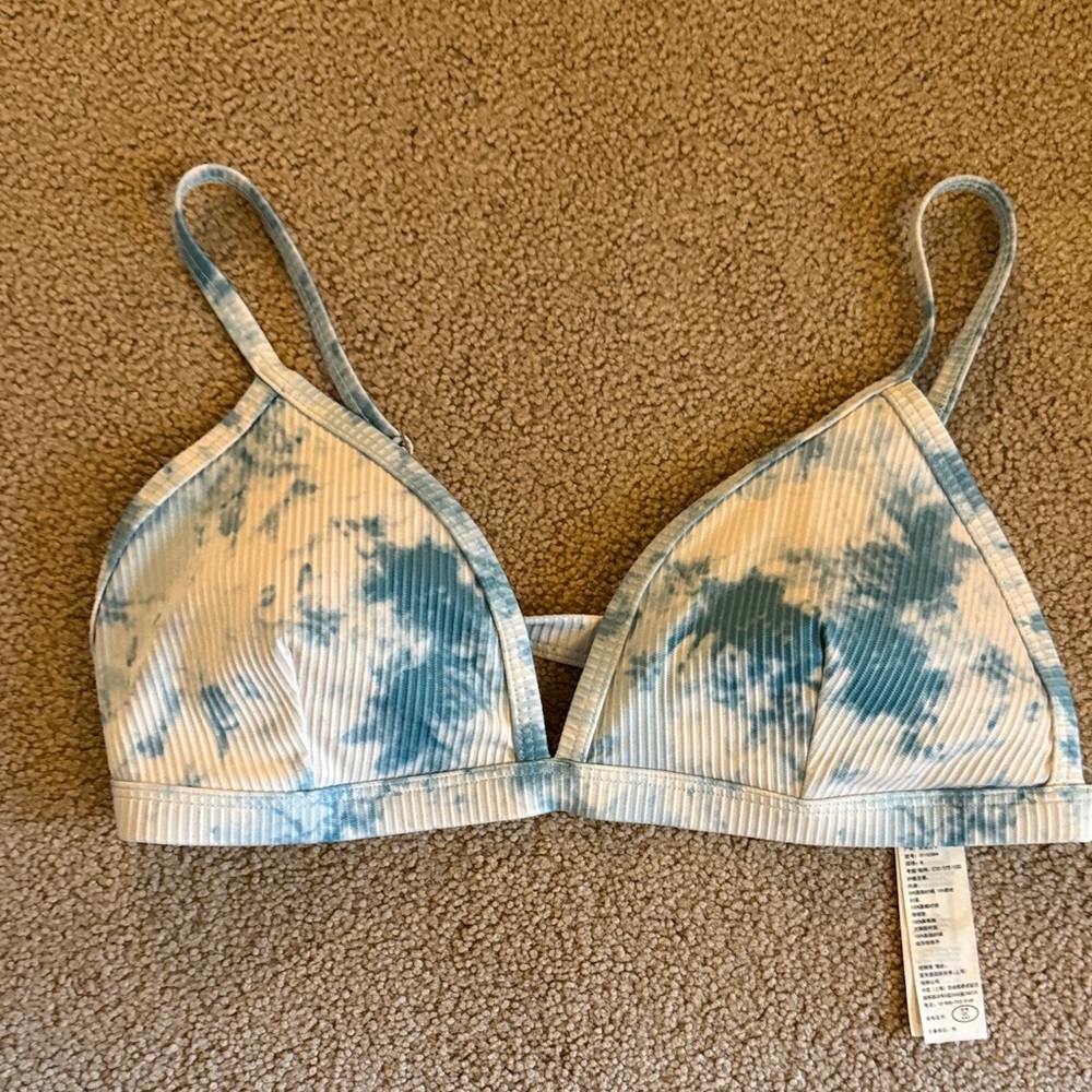 Hollister Light Blue & White Tie-Dye Ribbed Bralette Bikini Top